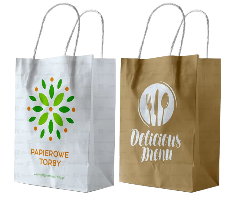 Torby-papierowe-z-nadrukiem-ekologiczne-do-sklepu-butiku-logo-grafika-biale-brazowe-uchwyt-skrecany-plaski-nadruki-na-torbach-tania-drukarnia-czestochowa